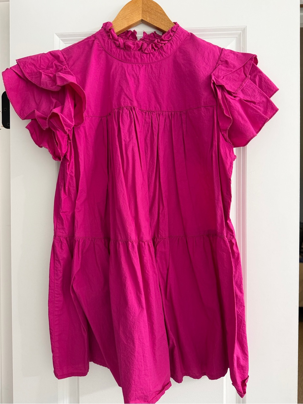 Anthropologie Fuchsia Ruffle Sleeve Tiered Mini Dress